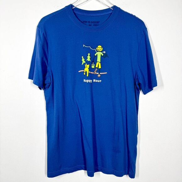 Life is Good Men’s Size Medium Blue Happy Hour Fishing Dog Graphic Tee T-Shirt - Picture 7 of 7